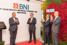 BNI president director Royke Tumilaar (left), Deputy State-Owned Enterprises Minister Kartika Wirjoatmodjo (second left), Indonesian Ambassador to the Netherlands Mayerfas (second right) and Indonesian Ambassador to Belgium and Luxembourg and the European Union Andri Hadi are seen at the opening of BNI Amsterdam on Tuesday. BNI's presence in Amsterdam is expected to improve business relations between Indonesia and the Netherlands, as well as with other countries in the European region.