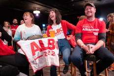 Supporters of opposition leader Anthony Albanese gather at the Labor headquarters at Canterbury-Hurlstone Park RSL Club during Australia's general election in Sydney on May 21, 2022. 