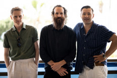 Gritty truth: Australian director Thomas M. Wright (center) poses with British actor Sean Harris (left) and Australian actor Joel Edgerton on Saturday during a rendezvous for their true crime film, The Stranger, at the 75th edition of the Cannes Film Festival.