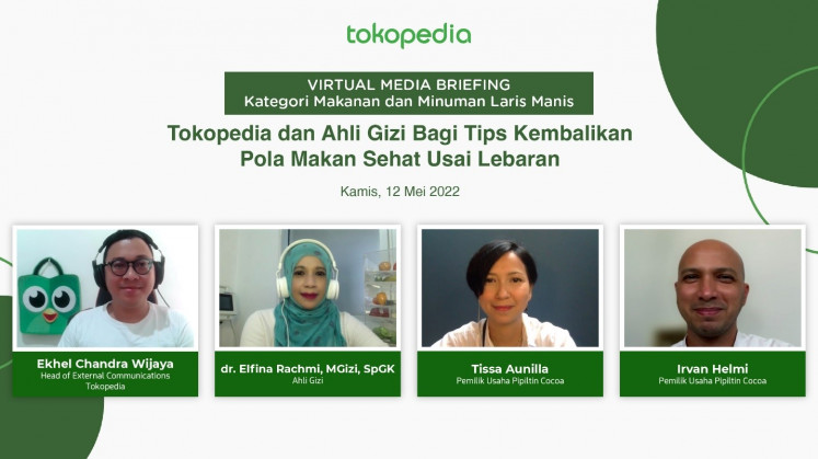 Tokopedia held a virtual media gathering with the theme: “The Category of Best-Selling Food and Drinks: Tokopedia and nutritionists share tips to restore healthy eating patterns after Lebaran”. Featuring Tokopedia’s head of external communications, Ekhel Chandra Wijaya, along with nutritionist Dr. Elfina Rachmi, MGizi, SpGK and business owners of Pipitlin Cocoa, Tissa Aunilla and Irvan Helmi.