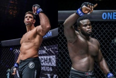 Brazilian mixed martial arts fighter Marcus “Buchecha” Almeida (left) gestures in a promotional montage for his April 22, 2022 bout against “Reug Reug” Oumar Kane.