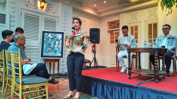 Inspiration: During the press conference Mira Hoeng shares that her artworks are much inspired by the pandemics, at The Hermitage Jakarta in Central Jakarta on May 31.  (JP/Sylviana Hamdani)