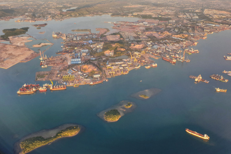 Shipyards, seen through an airplane window, on April 3, 2019, in Batam, Riau Islands.