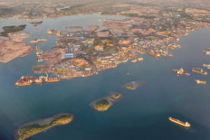 Shipyards, seen through an airplane window, on April 3, 2019, in Batam, Riau Islands.