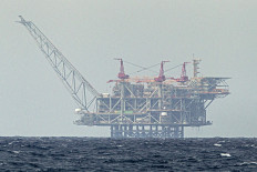 The platform of the Leviathan natural gas field in the Mediterranean Sea is pictured from the Israeli northern coastal city of Caesarea, on February 24, 2022. 