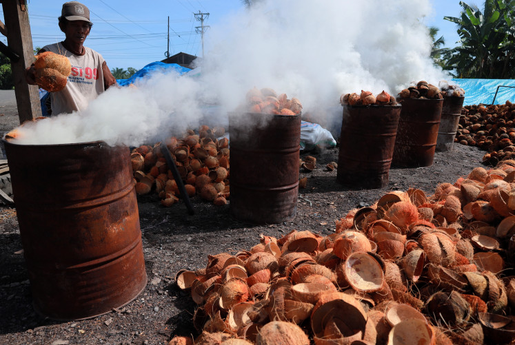A worker produces coconut-shell charcoal on Sunday at Lemo-lemo Village in Central Mamuju, West Sulawesi. Locals in the village produce up to 300 kilograms of the charcoal per day and sell it for Rp 6,500 (44 US cents) per kg to briquette factories and restaurants.