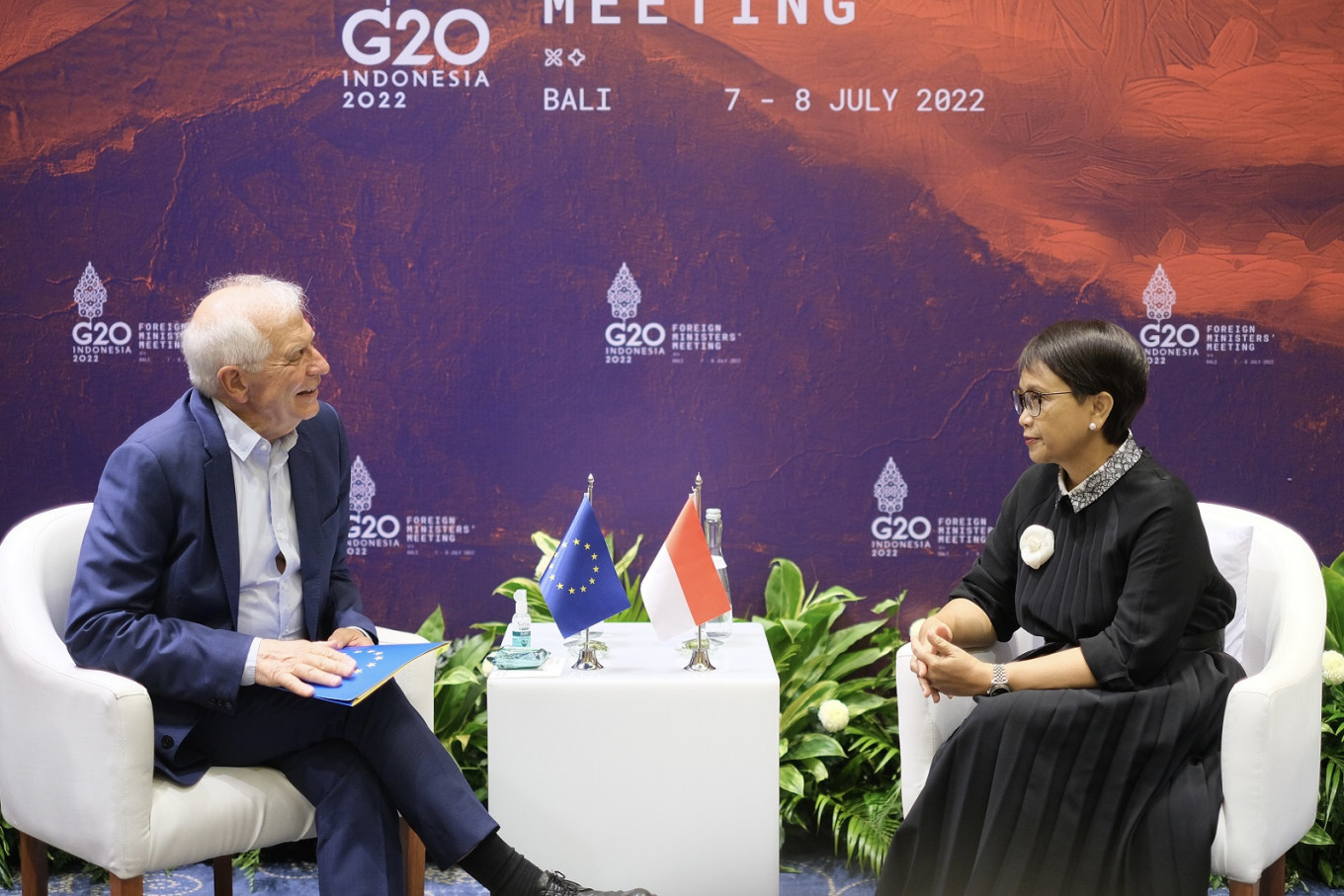 Foreign Minister Retno Marsudi talks with High Representative of the European Union for Foreign Affairs and Security Policy Josep Borrell in a bilateral meeting in Nusa Dua, Bali on July 6, 2022 ahead of the G20 Foreign Ministers’ Meeting.