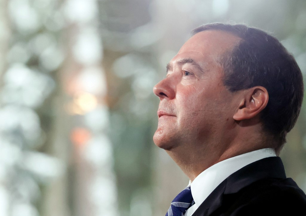 United Russia Party chairman and deputy chairman of the Russian Security Council Dmitry Medvedev speaks during an interview at the Gorki residence, outside Moscow, on January 27, 2022. 

