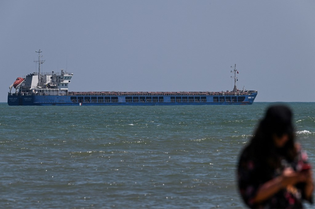 The Russian-flagged cargo ship 'Zhibek Zholy' is anchored at the Black Sea coast in Karasu district, Sakarya, Turkey, on July 5. The ship, at the center of a diplomatic battle between Kyiv and Moscow, remained anchored off Turkey's Black Sea coast four days after its arrival. Ukraine asked Turkey on July 1 to detain a Russian-flagged cargo ship that Kyiv alleged had set off from a Kremlin-occupied port. 
