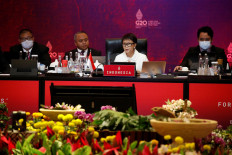 Indonesian Foreign Minister Retno LP Marsudi (second right) addresses fellow participants of the G20 Foreign Ministers' Meeting in Nusa Dua, Bali, on Friday, July 8, 2022.
