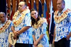 New Zealand Prime Minister Jacinda Ardern (second right) attends traditional welcoming ceremonies at the Pacific Islands Forum (PIF) in Suva on July 12, 2022. 
