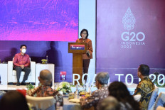 Finance Minister Sri Mulyani Indrawati speaks at the Group of 20 Sustainable Finance for Climate Transformation Roundtable on July 13, 2022 in Bali.