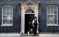 Larry the Downing Street cat sits on the step next to a police officer outside 10 Downing Street, the official residence of Britain's Prime Minister, in central London on July 8, 2022. 