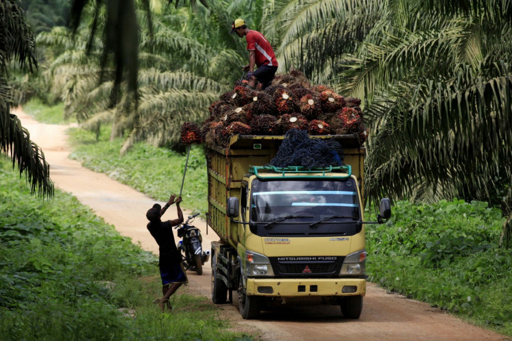 Workers transport oil palm fruits onto trucks from PT Wanasawit Subur Lestari's plantation in Pangkalan Bun, Central Kalimantan, Saturday (12/19/2015). The Indonesian Palm Oil Board (DMSI) estimates that crude palm oil (CPO) and crude palm kernel oil (CPKO) production this year will miss the initial projection of 30.1 million tons of CPO and 3.1 million this year. CPKO tons fell from the initial target of CPO 31.5 million tons and CPKO 3.3 million tons because it was caused by the El Nino phenomenon which caused a prolonged dry season. 