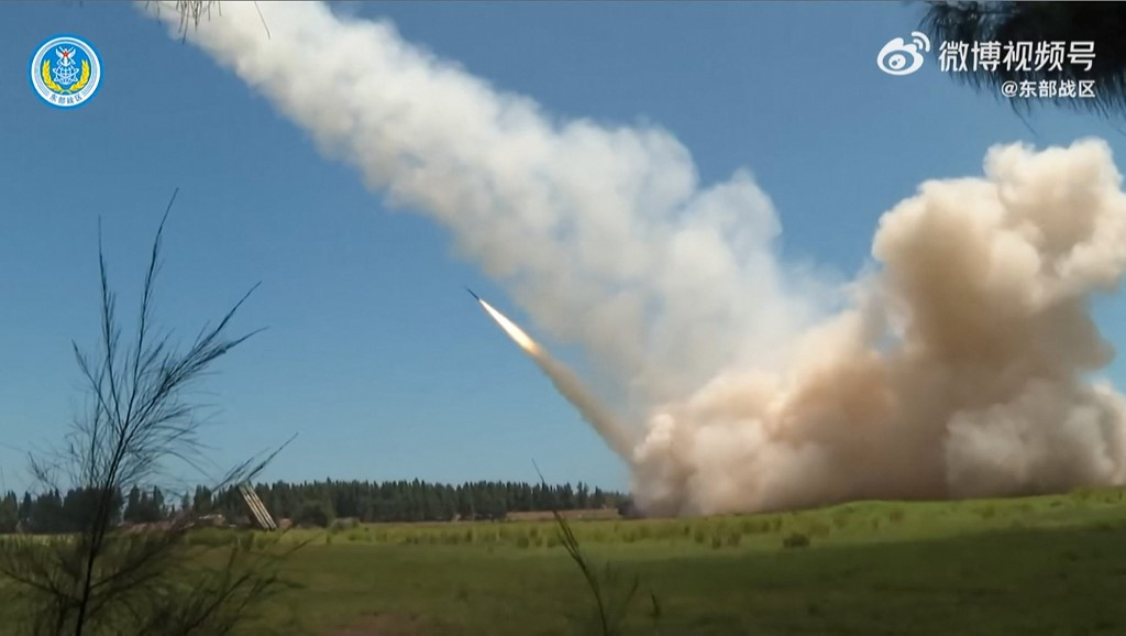 This screen grab from a video by the People's Liberation Army (PLA) Eastern Theater Command on August 4, 2022 made available on the Eurovision Social Newswire (ESN) platform via AFPTV shows a missile being fired during a Chinese military exercise in China on August 4, 2022. 