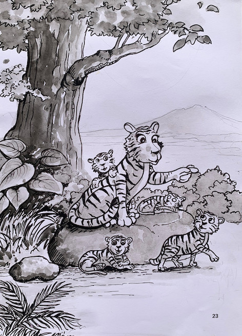 First steps: The titular protagonist of “Little Tiger Crosses the River”, one of three stories in ‘Forests, Rivers and Jungles’ by Nadine Aisha Abdullah, leaves his mother and siblings in search of food. (Courtesy of Tiong Gie Publisher)