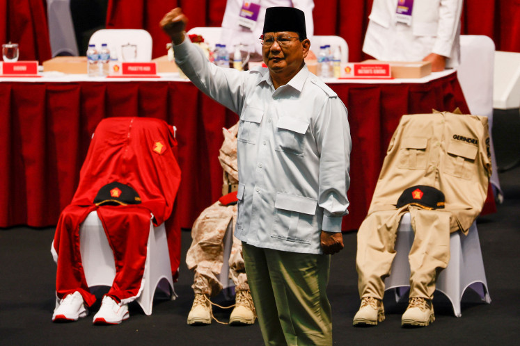 Defense Minister Prabowo Subianto, a former general of the Indonesian Army’s Special Forces and Gerindra Party chair, gestures on Aug. 12, 2022 at a Gerindra national leadership meeting in Bogor, West Java.