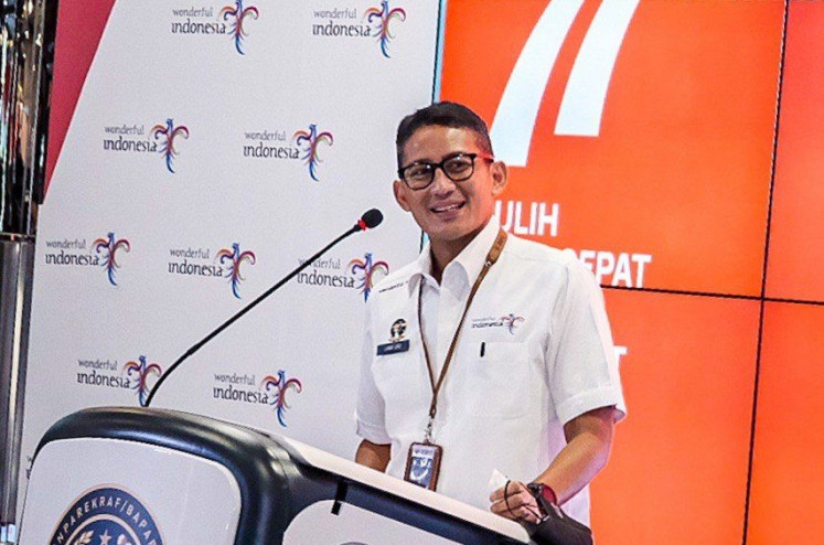 Tourism and Creative Economy Minister Sandiaga Uno speaks on Aug. 16, 2022 at a press event at the ministry in Jakarta.