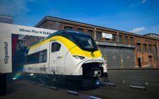 The Mireo Plus H train of Siemens Mobility is unveiled in collaboration with German rail operator Deutsche Bahn at the Siemens Mobility plant during a press conference in Krefeld, western Germany on May 5, 2022. Siemens Mobility presents hydrogen train and hydrogen storage trailer as part of the H2goesRail project.