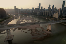 An aerial photo shows the dried-up riverbed of the Jialing river, a tributary of the Yangtze River in China's southwestern city of Chongqing on August 25, 2022.