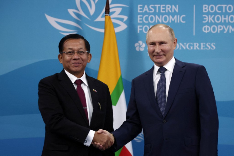 Russian President Vladimir Putin meets with Myanmar junta leader Min Aung Hlaing on the sidelines of the 2022 Eastern Economic Forum in Vladivostok on September 7, 2022. 
