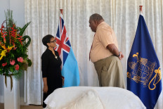 Indonesian Foreign Minister Retno LP Marsudi (left) speaks to Fijian President Ratu Wiliame Katonivere during her courtesy call at the State House in Suva, Fiji, on Sept. 6.