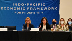 US Trade Representative Katherine Tai (2nd left) leads her delegation during a ministerial pillar meeting at the Indo-Pacific Economic Ministerial in Los Angeles, California, on September 8, 2022. 
