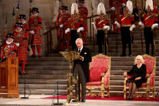 Britain's King Charles III attends the presentation of Addresses by both Houses of Parliament in Westminster Hall, inside the Palace of Westminster, central London on September 12, 2022, following the death of Queen Elizabeth II on September 8. 