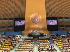 Foreign Minister Retno LP Marsudi addresses the United Nations General Assembly at the UN headquarters in New York, the United States, on Monday Sept. 26, 2022.