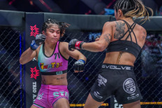 Stamp Fairtex (left) in her fight against Angela Lee at ONE X in March 2022