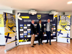 Director of Oxford United Football Club Grant Ferguson (left) with Anindya Bakrie (middle) and Niall McWilliams who serves as the chief strategy officer of the club during the announcement of the new management of Oxford United on Tuesday (Sept. 27).