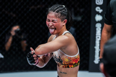 Stamp Fairtex in her fight against Jihin Radzuan at ONE Fight Night 2 in Singapore.