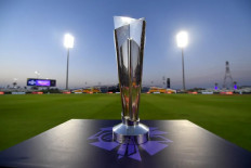 Stadium lights reflect off the ICC Twenty20 (T20) World Cup trophy, made of silver and rhodium.