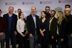 University of Chicago Professor Douglas Diamond (center) celebrates with students and faculty at the university shortly after learning he had won the Sveriges Riksbank Prize in Economic Sciences in Memory of Alfred Nobel 2022 on October 10, 2022 in Chicago, Illinois. Diamond shares the prize with Ben Bernanke of the Brookings Institution and Philip Dybvig of Washington University in St. Louis. 
