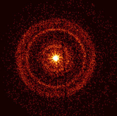 This picture provided by NASA on October 14, 2022 shows the Swift’s X-Ray Telescope capturing the afterglow of GRB 221009A about an hour after it was first detected. The bright rings form as a result of X-rays scattered from otherwise unobservable dust layers within our galaxy that lie in the direction of the burst.
