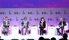 (Left to right) Finastra Group Holding Ltd. CEO Simon Paris, Deputy SOEs Minister II Kartika Wirjoatmodjo, Latin America Initiative Center for Global Development director Liliana Rojas-Suarez and Harvard Kennedy School professor Jay K. Rosegard attend the SOE International Conference, with the hashtags #BUMNuntukG20 and #SOEInternationalConference, at the Bali Nusa Dua Conference Center in Bali on Monday.
