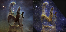 These handout photos provided by NASA on October 19, 2022 shows the Pillars of Creation that are set off in a kaleidoscope of color in NASA’s James Webb Space Telescope’s near-infrared-light view (R) compared to the Hubble's telescope 2014 wider view in visible light (L). The pillars look like arches and spires rising out of a desert landscape, but are filled with semi-transparent gas and dust, and ever changing. This is a region where young stars are forming – or have barely burst from their dusty cocoons as they continue to form.
