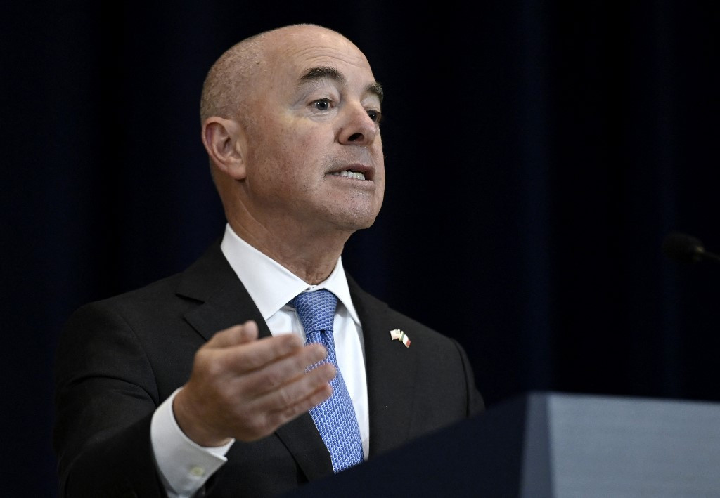 US Homeland Security Secretary Alejandro Mayorkas speaks during a joint news conference with Mexican Foreign Secretary Marcelo Ebrard and Mexican Security Secretary Rosa Icela Rodriguez at the State Department in Washington, DC, on October 13, 2022. 

