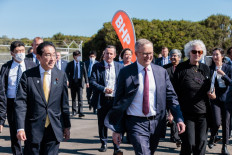Australian Prime Minister Anthony Albanese and Prime Minister of Japan Kishida Fumio arrive for a visit to BHP Nickel West Kwinana Nickel Refinery as part of the Annual Australia–Japan Leaders’ Meeting in Perth, on October 22, 2022.
