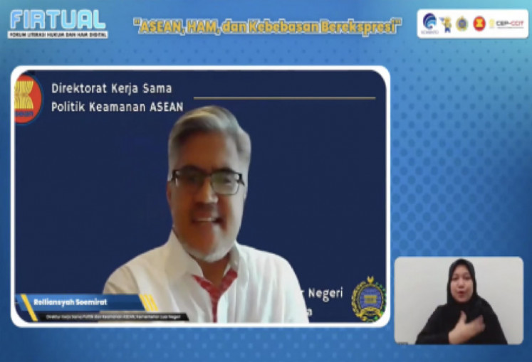 .Rolliansyah Soemirat, Indonesia Foreign Ministry's ASEAN political and security cooperation director, gives a presentation at the Digital Literacy Forum on Law and Human Rights (FIRTUAL) webinar episode themed “ASEAN, Human Rights, and Freedom of Expression“. 