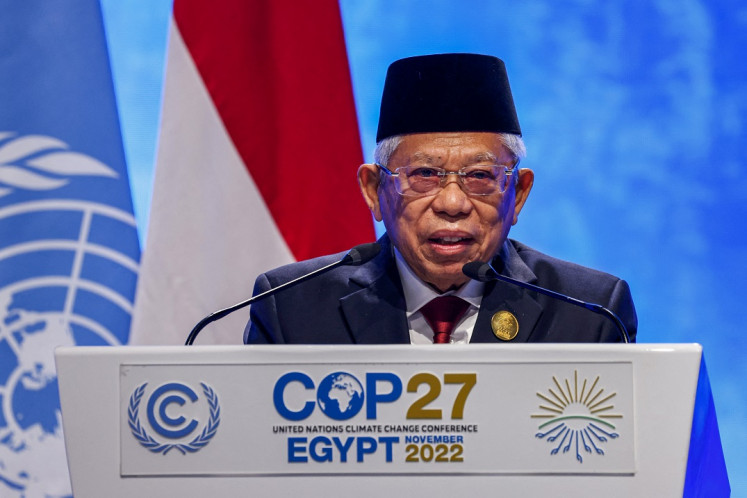 Vice President Ma’ruf Amin delivers a speech at the leaders’ summit of the COP27 climate conference at the Sharm el-Sheikh International Convention Center, in Egypt's Red Sea resort city of the same name, on Nov. 7, 2022.