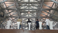 State-Owned Enterprises (SOEs) Minister Erick Thohir (middle), Microsoft Indonesia president director Dharma Simorangkir (second left) and PT Pos Indonesia president director Faizal Rochmad Djoemadi stand on a podium inside the old post office building for the inauguration of Pos Bloc on Nov. 10.