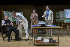 Lighting up the stage: British actors Danny Webb (left), Ralph Fiennes (second left), Judith Roddy (second right) and American actor Adam Silver (right) perform in the new play about urban planner Robert Moses in Straight Line Crazy by David Hare at The Shed in New York City, the United States on Oct. 16.