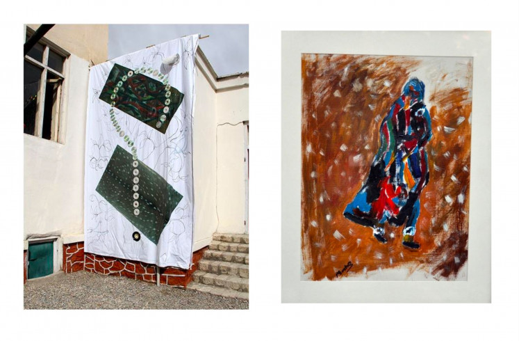 Beings of value: Chopan's collaborative work with Ahmad Wali (left) and an untitled painting of his are exhibited at the National Gallery in Kabul, Afghanistan, in conjunction with Documenta 13, which was held in Kassel, Germany, in 2012. (Courtesy Mumtaz Khan Chopan)