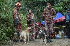 Rescue workers work with sniffer dogs at the site of a deadly landslide as they search for survivors in Batang Kali, Selangor on Dec. 17, 2022. 