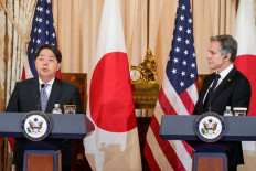 Japanese then-Foreign Minister Yoshimasa Hayashi (left) speaks as United States former Secretary of State Antony Blinken looks on during a joint press conference on January 11, 2023, held as part of the 2023 US-Japan Security Consultative Committee meeting at
the State Department in Washington, DC.