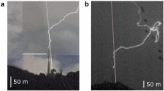 This handout image released by ENSTA Paris - Institut Polytechnique de Paris on January 16, 2023, shows snapshots of a lightning event at Schwaegalp (a) and Kronberg (b) near Santis Mountain in Switzerland.