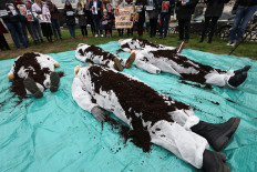 Environmental activists stage a protest outside the European Parliament to commemorate the fourth anniversary of the collapse of Brazil's Brumadinho dam, in Brussels, Belgium January 25, 2023. 