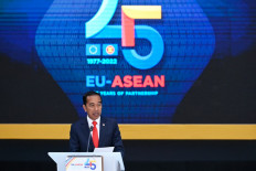 President Joko Widodo delivers a speech at the EU-ASEAN (Association of Southeast Asian Nations) summit at the European Council headquarters in Brussels on December 14, 2022. EU leaders meet their counterparts from Southeast Asia for a summit in Brussels on Wednesday, looking to bolster ties in the face of the war in Ukraine and challenges from China. 
