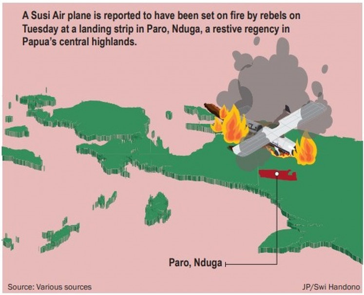 A Susi Air plane is reported to have been set on fire by rebels on February 7, 2023 at a landing strip in Paro, Nduga, a restive regency in Papua’s central highlands.